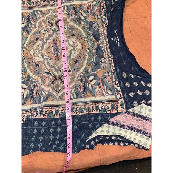 Lucky Brand Womens Boho Floral Printed Short Sleeve Top 3X Navy Multicolor Cotto - Picture 5 of 8